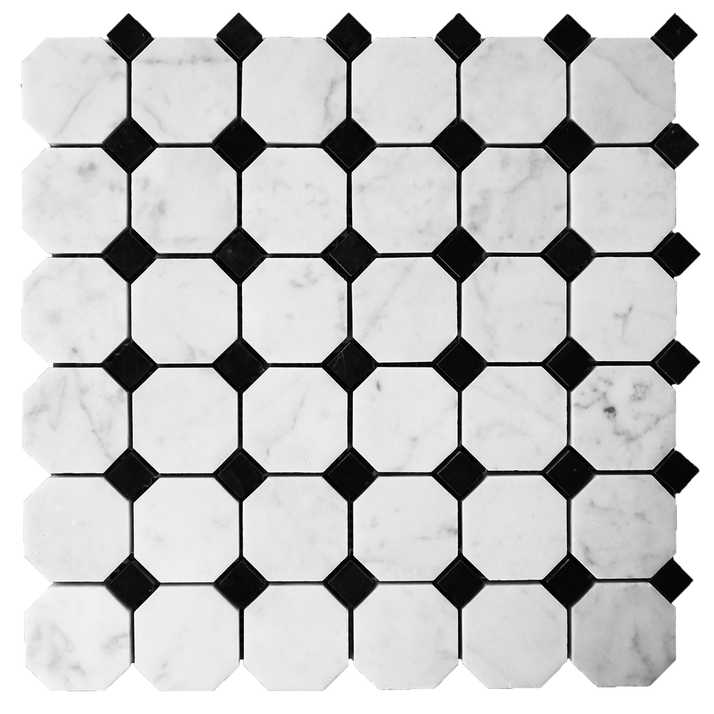 Honed Marble Octagon Field in 'Carrara White' with 'Jet Black' Dots